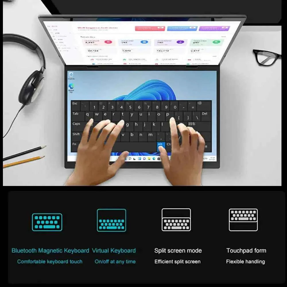 CRELANDER Dual Screen Laptop 14 Inch 2 in 1 Flip Intel N95
