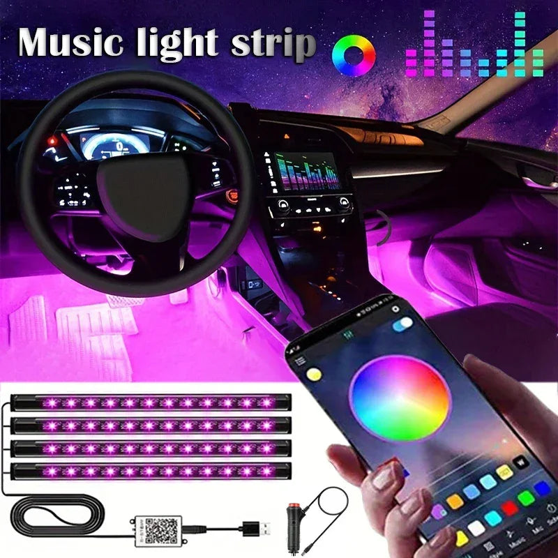 LED Car Music Light Strip - 48 LEDs USB Smart Bluetooth Control
