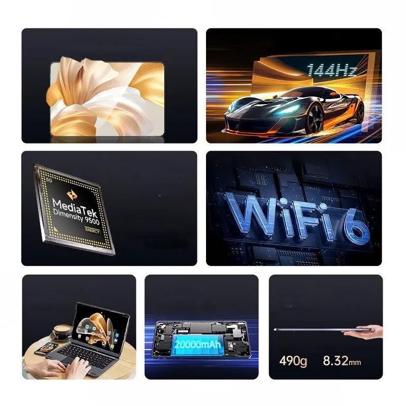 RyGadgets Dimensity 9500 tablet collage: 14-inch display, 144Hz, 2TB storage, 5G WiFi, 20000mAh battery, 490g